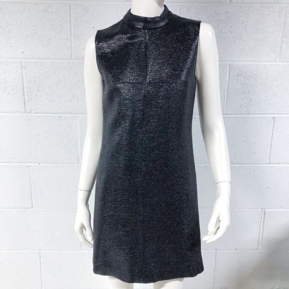 Womens Jill Stuart Black Shimmer Mock Neck Retro Mod Shift Mini Dress size 2